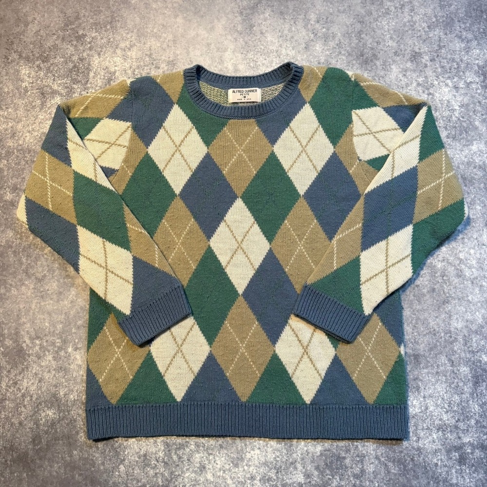 Vintage Alfred Dunner Petite Medium Argyle Sweater Blue‎ Green Tan USA Made